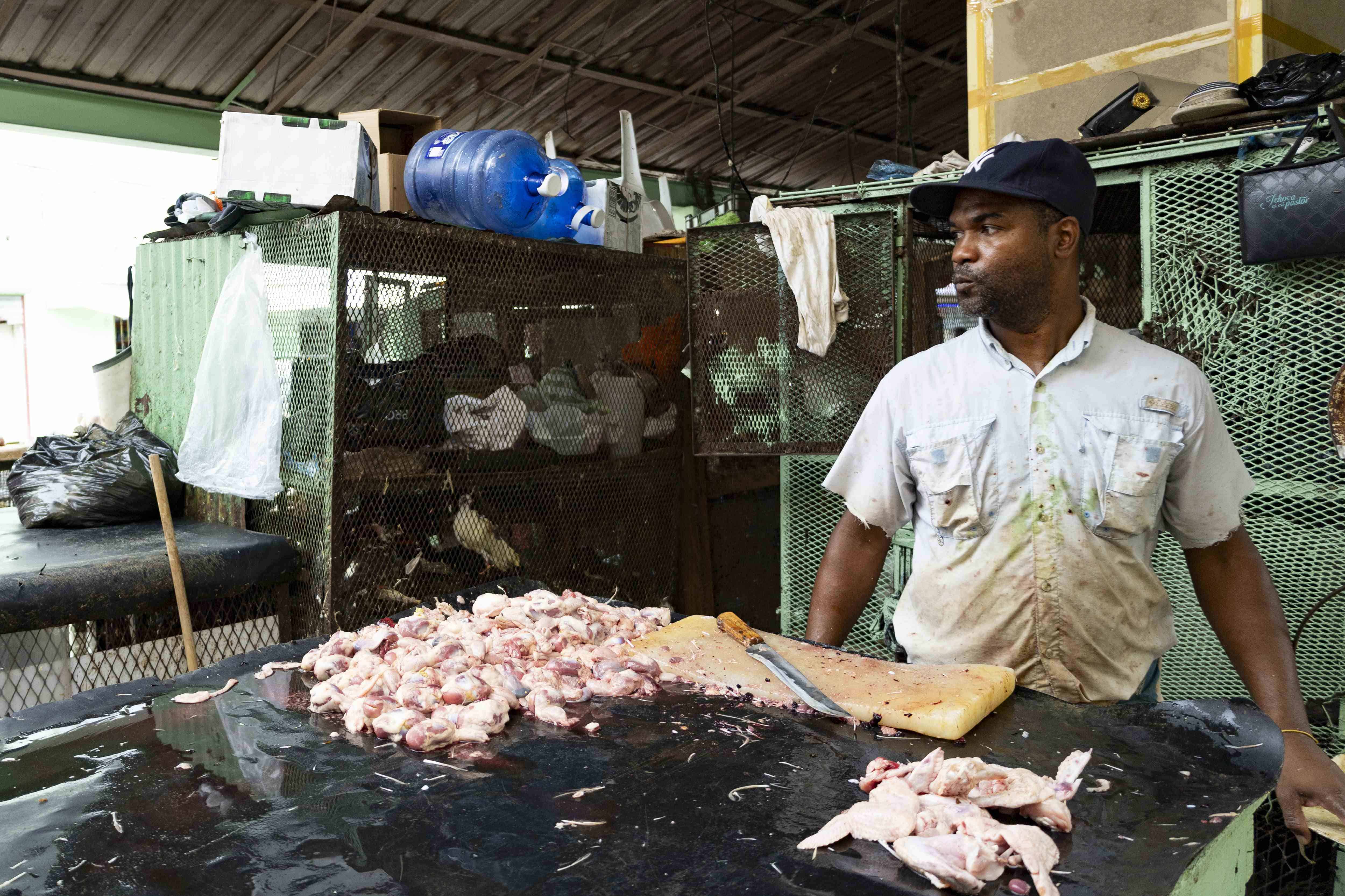 Harry Berigüete vende pollos en el Mercado Modelo.