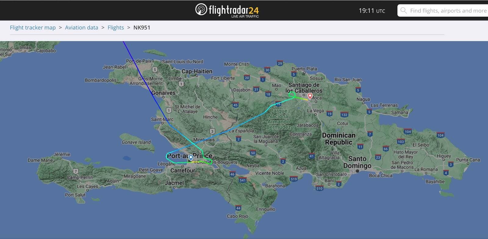 Ruta del vuelo desviado.