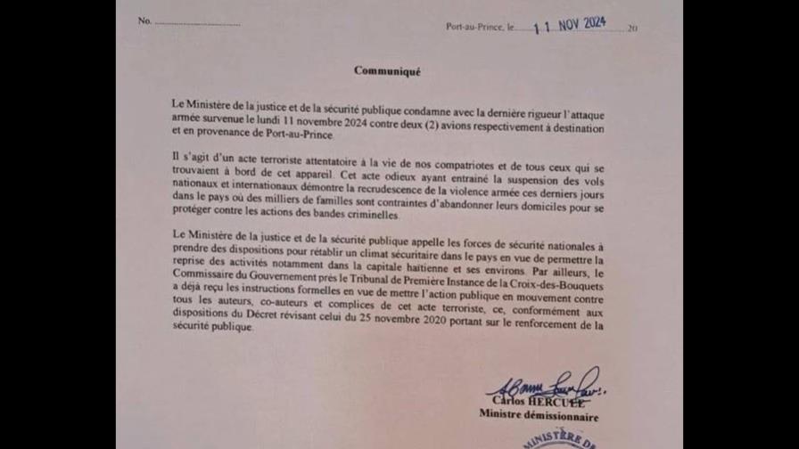 El Ministerio de Justicia de Haití califica de terrorista el ataque a los aviones