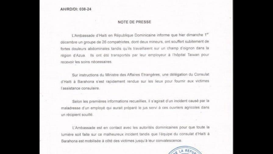 El Gobierno dominicano comunicó formalmente a Haití de la intoxicación de 26 haitianos en Barahona