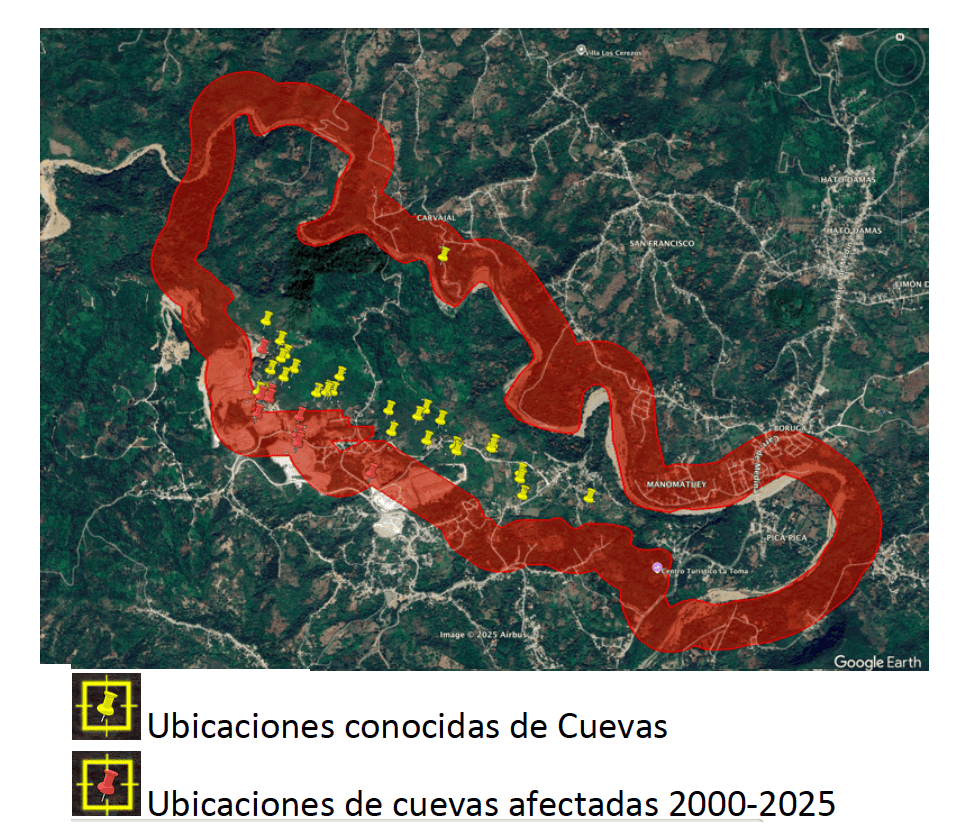 Mapa de la reserva antropológica y el impacto de la minería de acuerdo al informe.