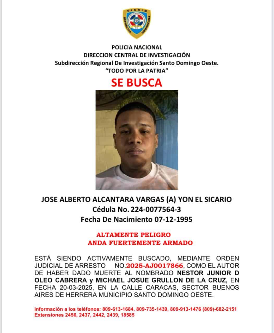 Fotografía cedida por la Policía Nacional de José Alberto Alcántara Vargas, alias Yon el Sicario, buscado por doble homicidio en Herrera. 