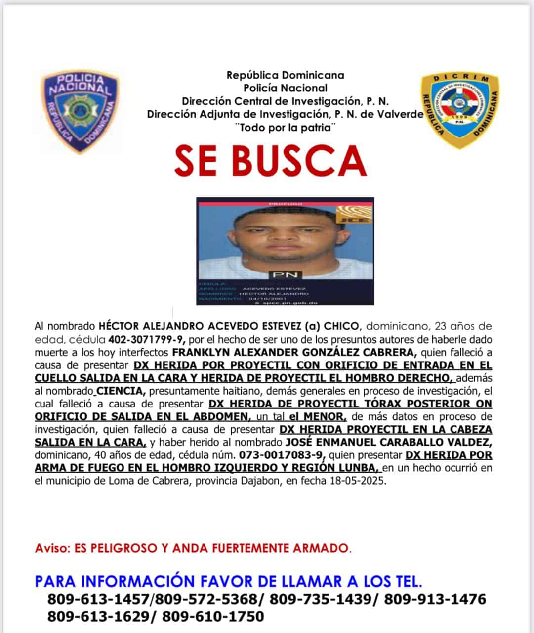 Héctor Alejandro Acevedo Estévez, conocido como Chico, de 23 años, es señalado como uno de los responsables del asesinato de cinco personas en Loma de Cabrera.