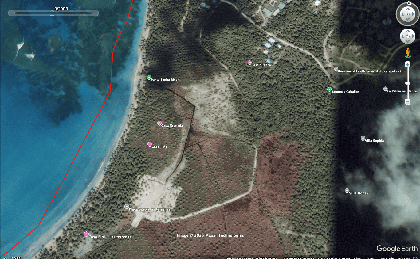 Imagen satelital de 2033 donde se aprecian los canales y la ausencia de manglar.