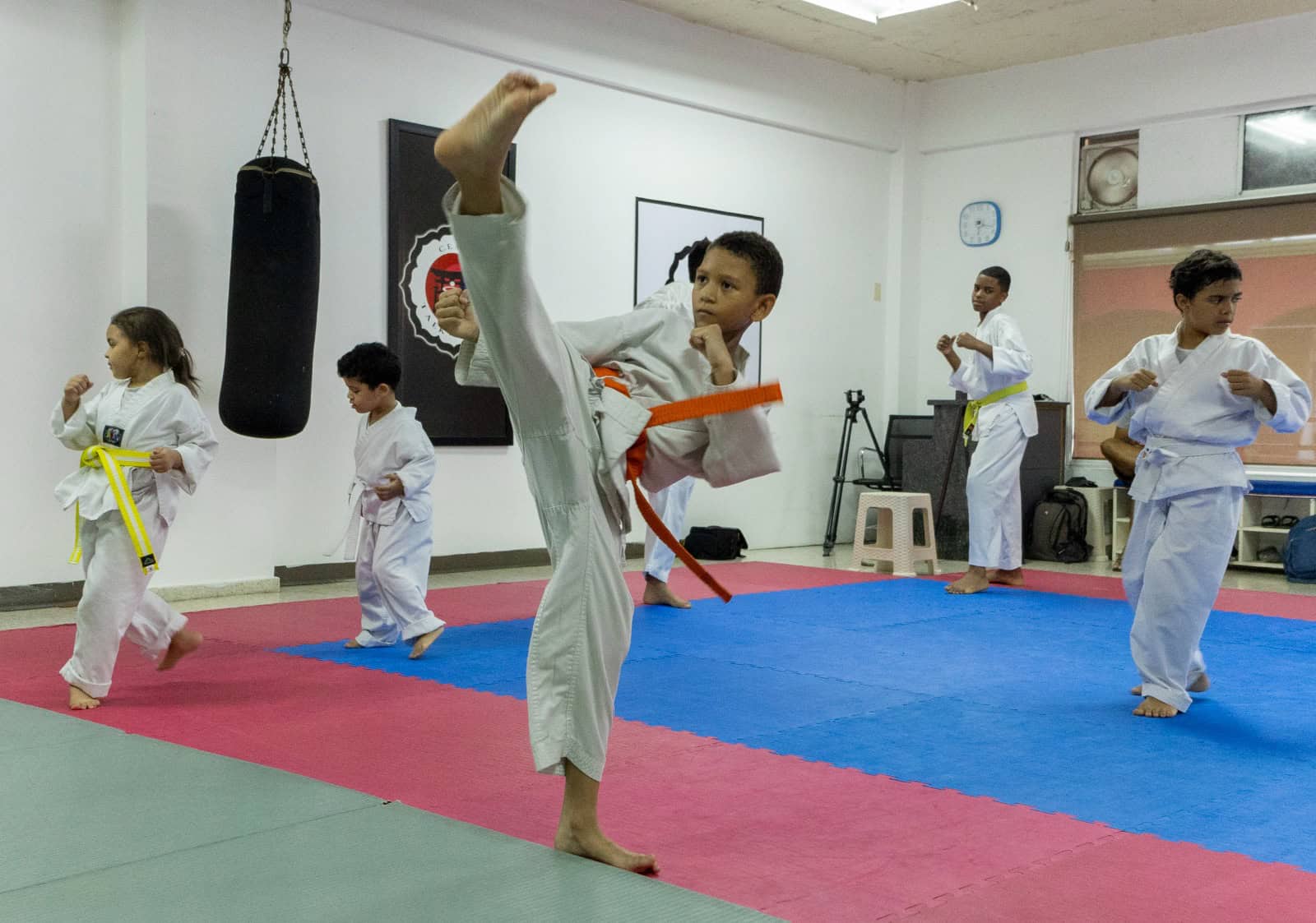 Niños entrenando artes marciales.