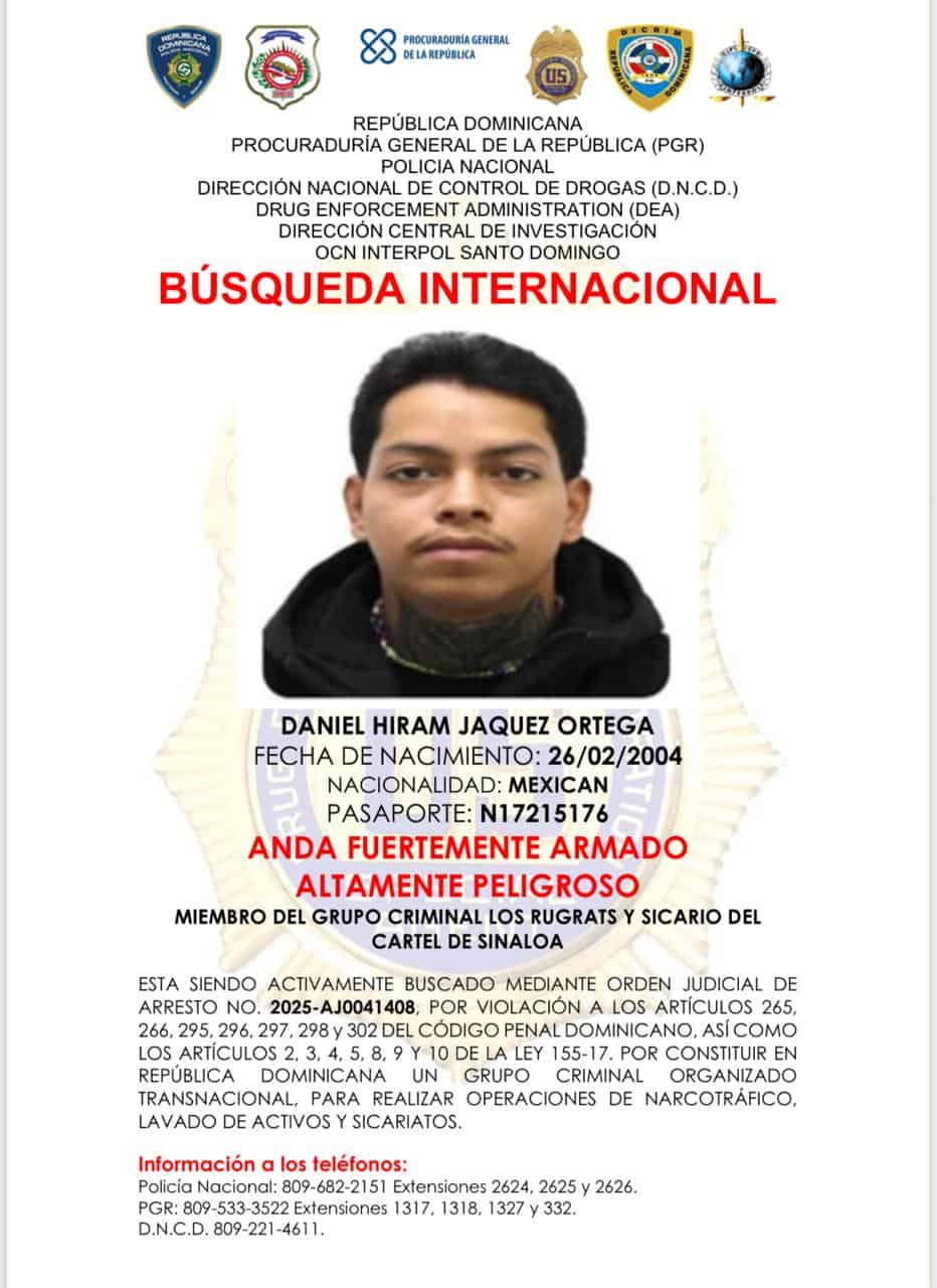 Ficha de búsqueda emitida por las autoridades de Daniel Hiram Jáquez Ortega. 
