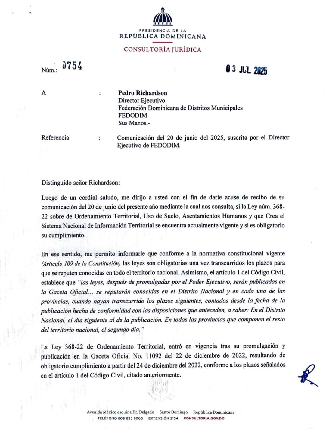 Carta oficial enviada por Antoliano Peralta al director ejecutivo de la Federación Dominicana de Distritos Municipales (Fedodim), Pedro Richardson.