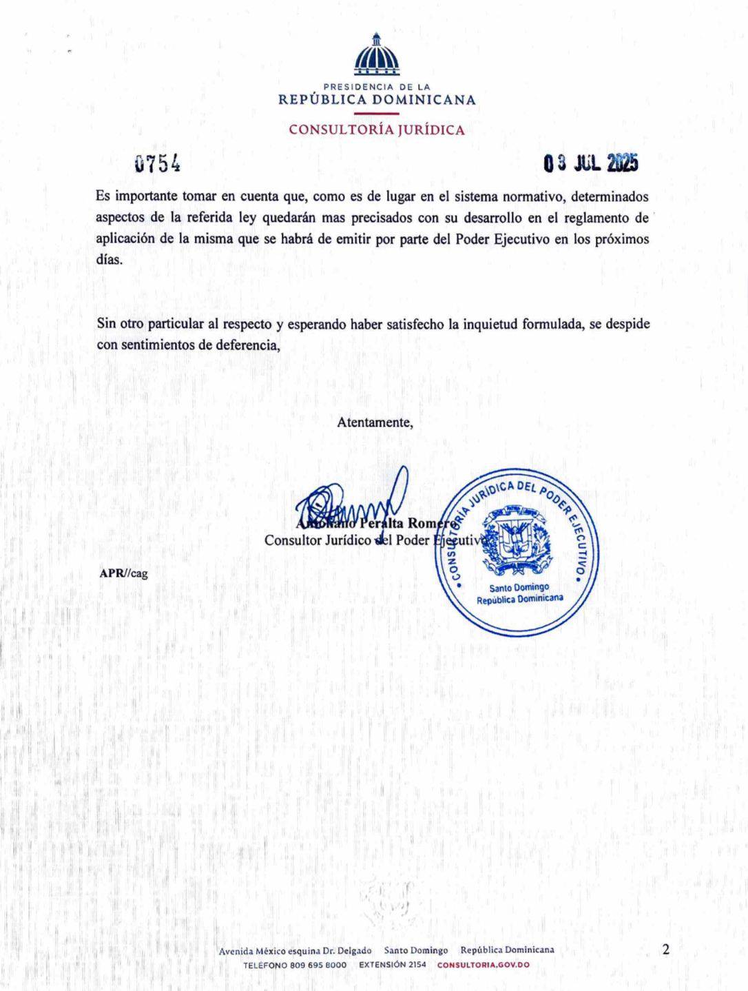 Carta oficial enviada por Antoliano Peralta al director ejecutivo de la Federación Dominicana de Distritos Municipales (Fedodim), Pedro Richardson.