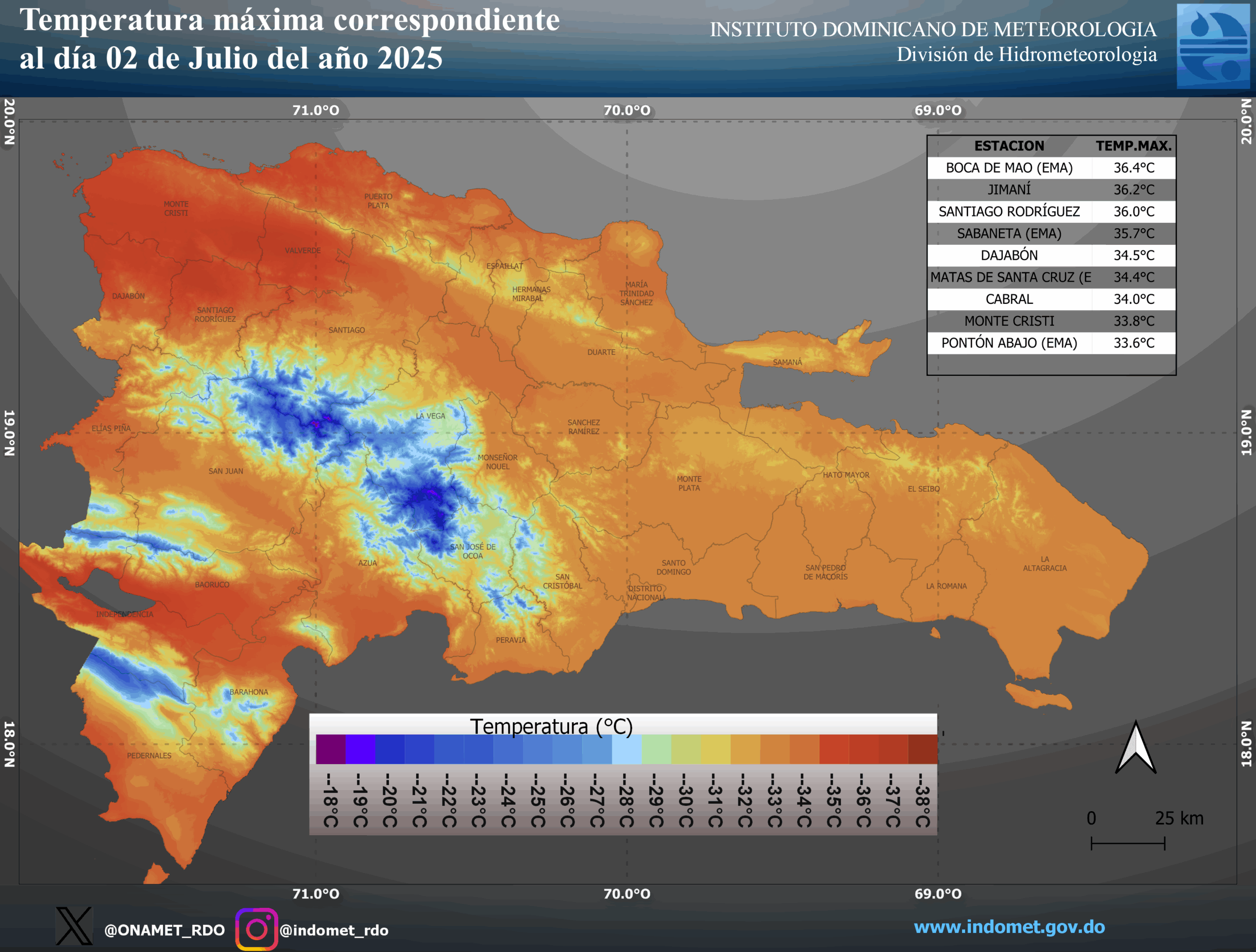Mapa de temperaturas en julio de 2025 en República Dominicana.