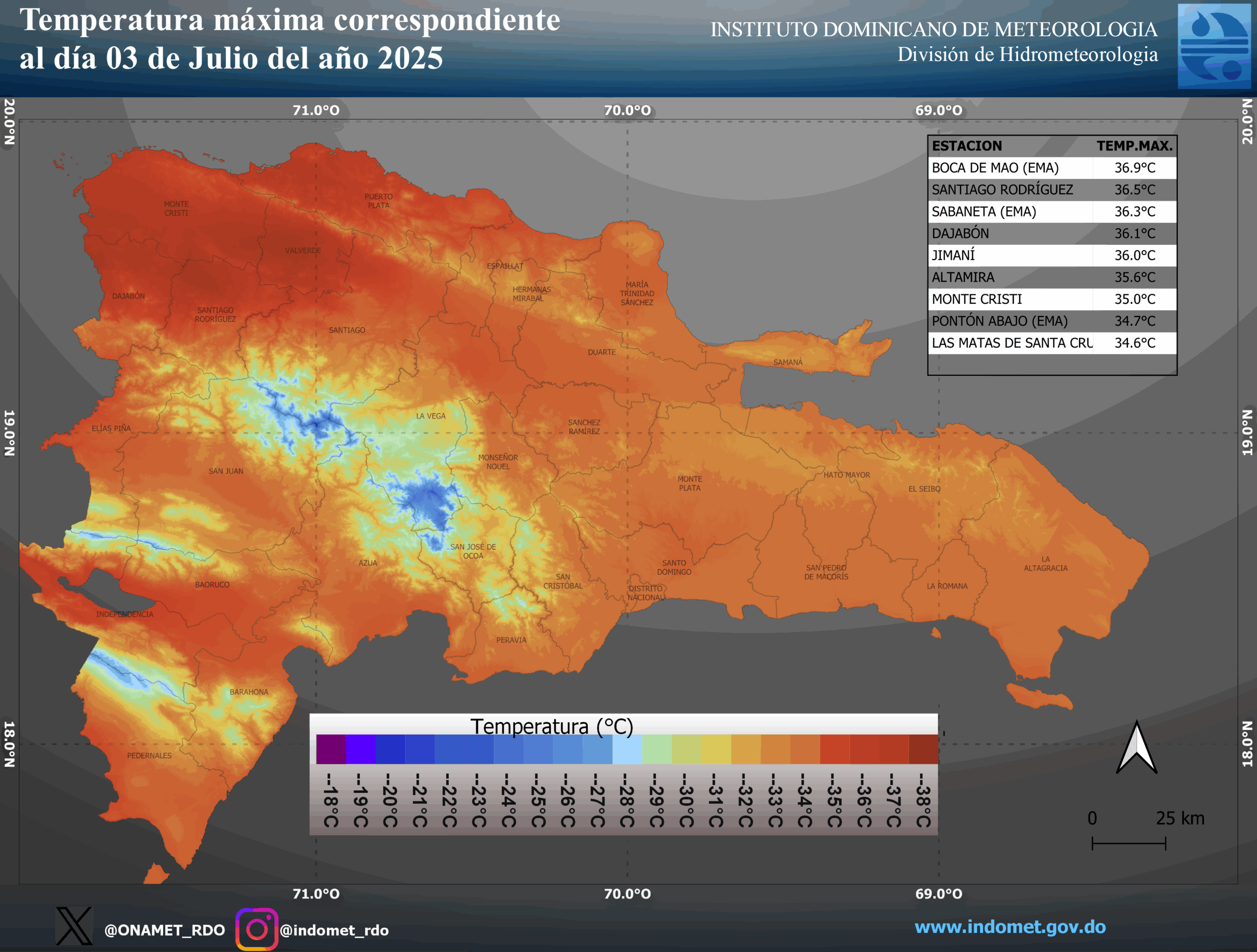 Mapa de temperaturas en julio de 2025 en República Dominicana.