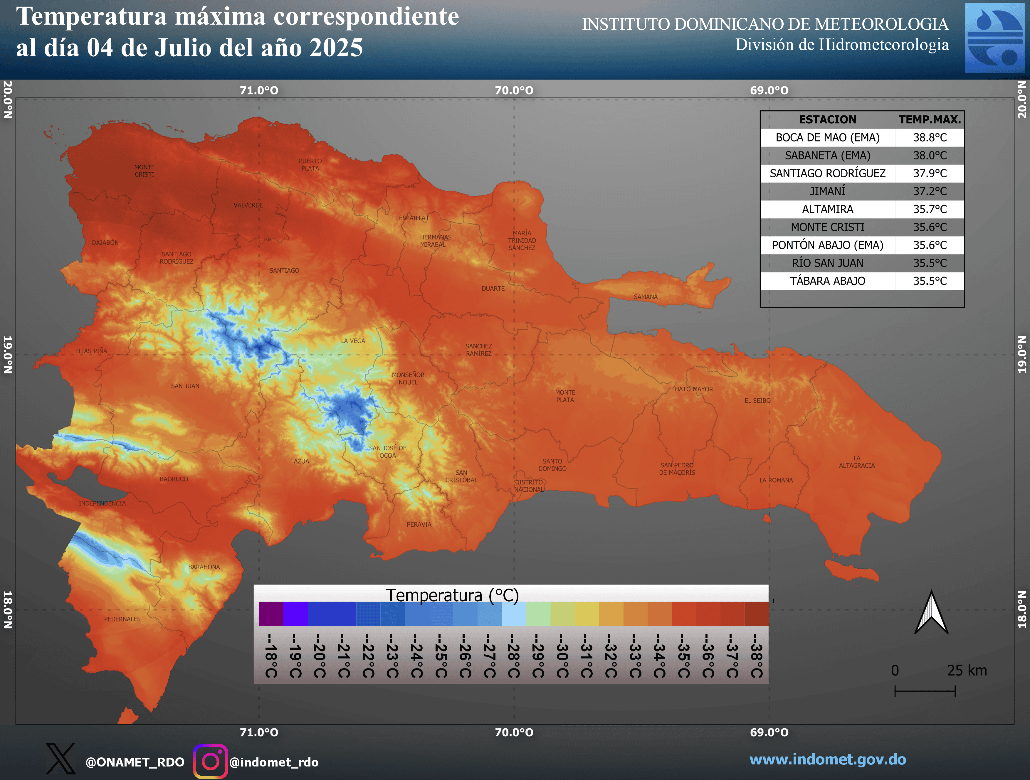 Mapa de temperaturas en julio de 2025 en República Dominicana.