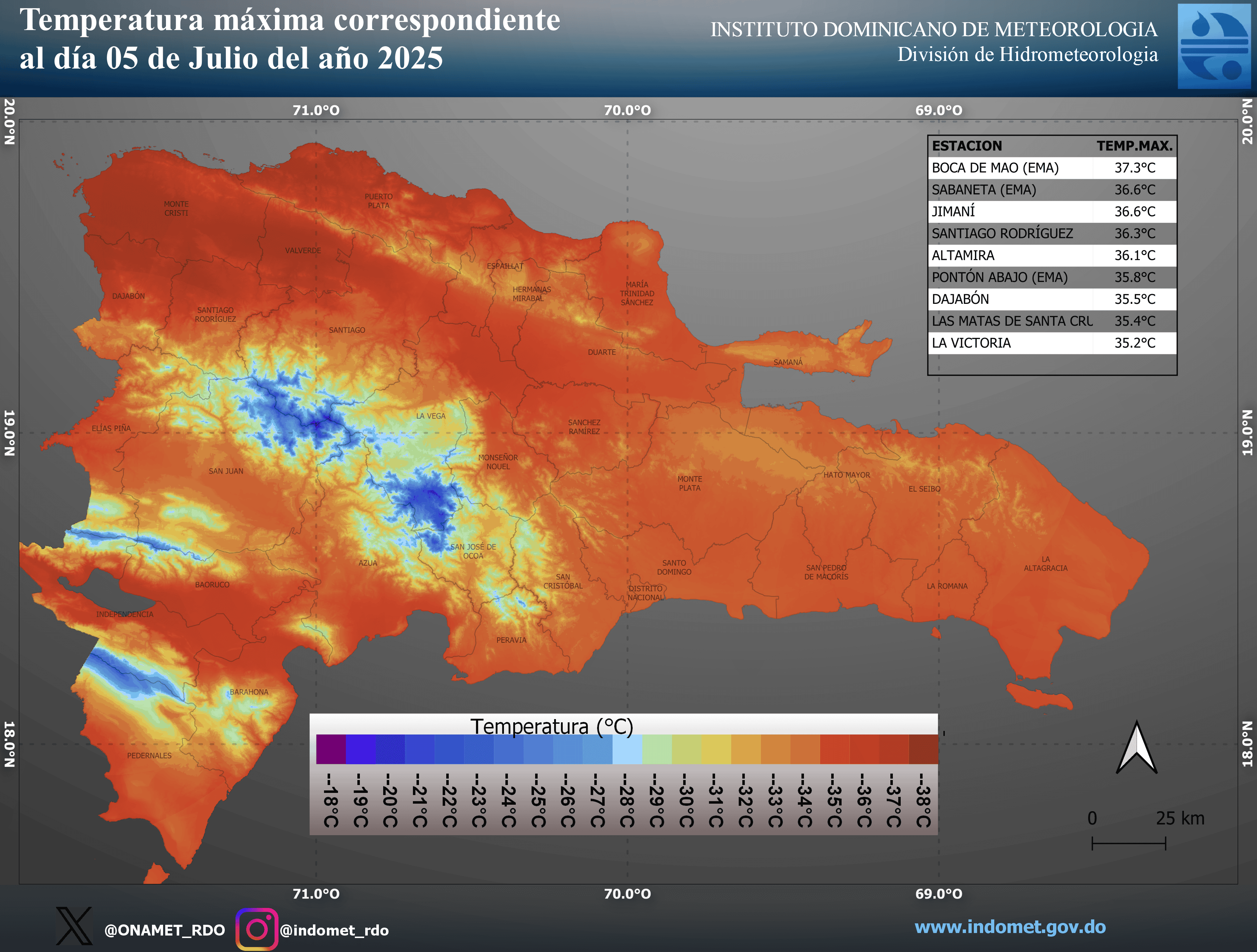 Mapa de temperaturas en julio de 2025 en República Dominicana.