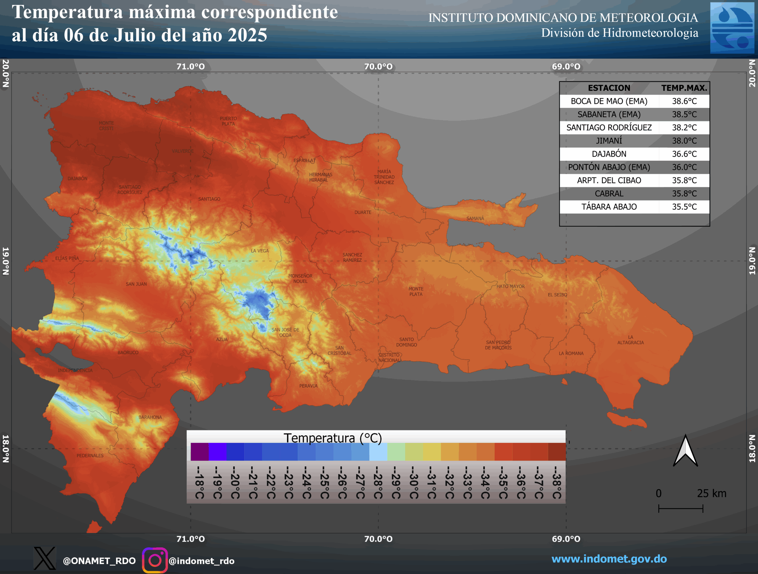 Mapa de temperaturas en julio de 2025 en República Dominicana.