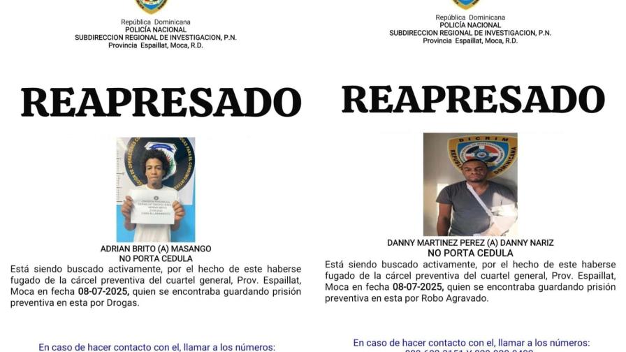 Dos de los cinco presos fugados de cárcel en Moca se entregan a la Policía Nacional