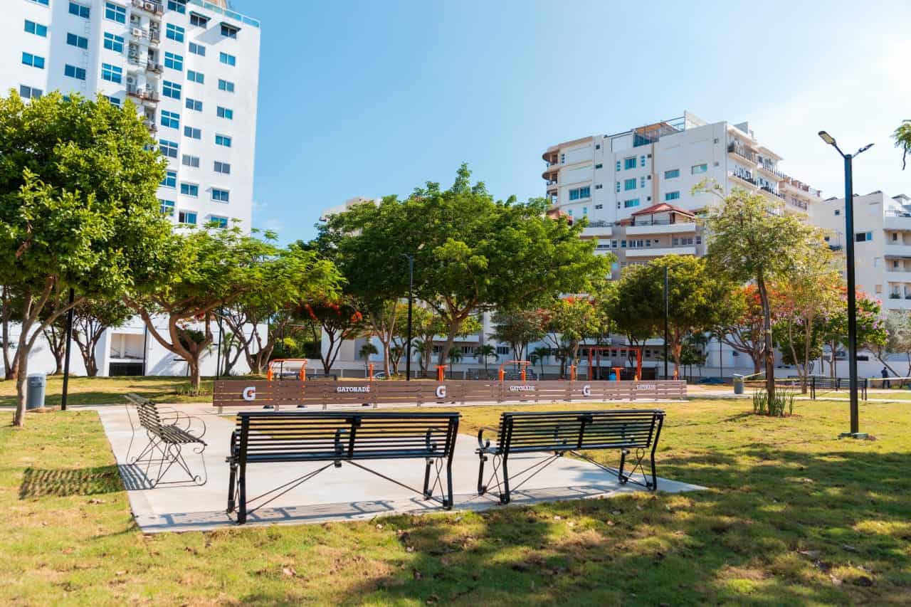 Senderos peatonales y espacios para que las personas descansen en el parque. 