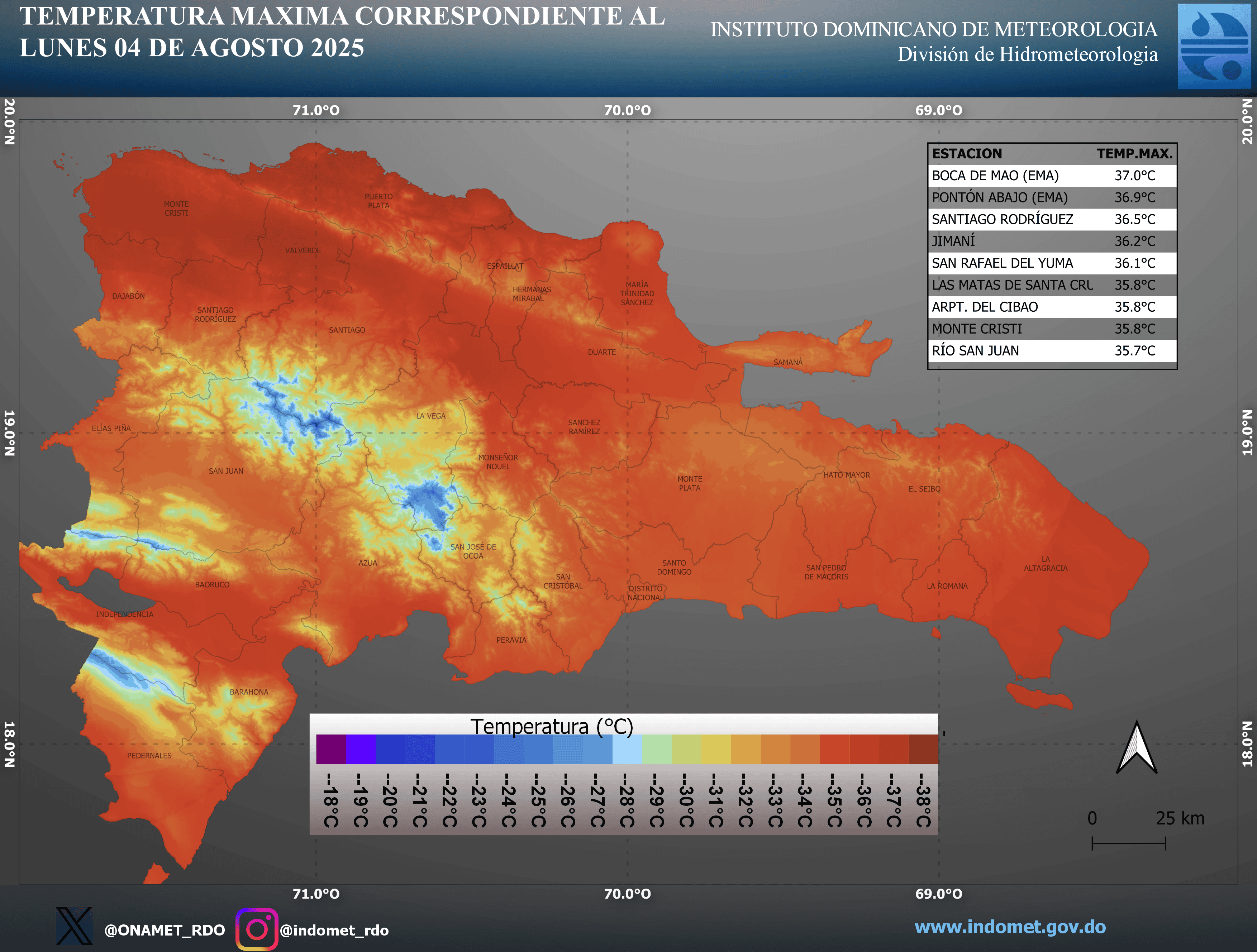 Mapa de temperaturas en la República Dominicana.