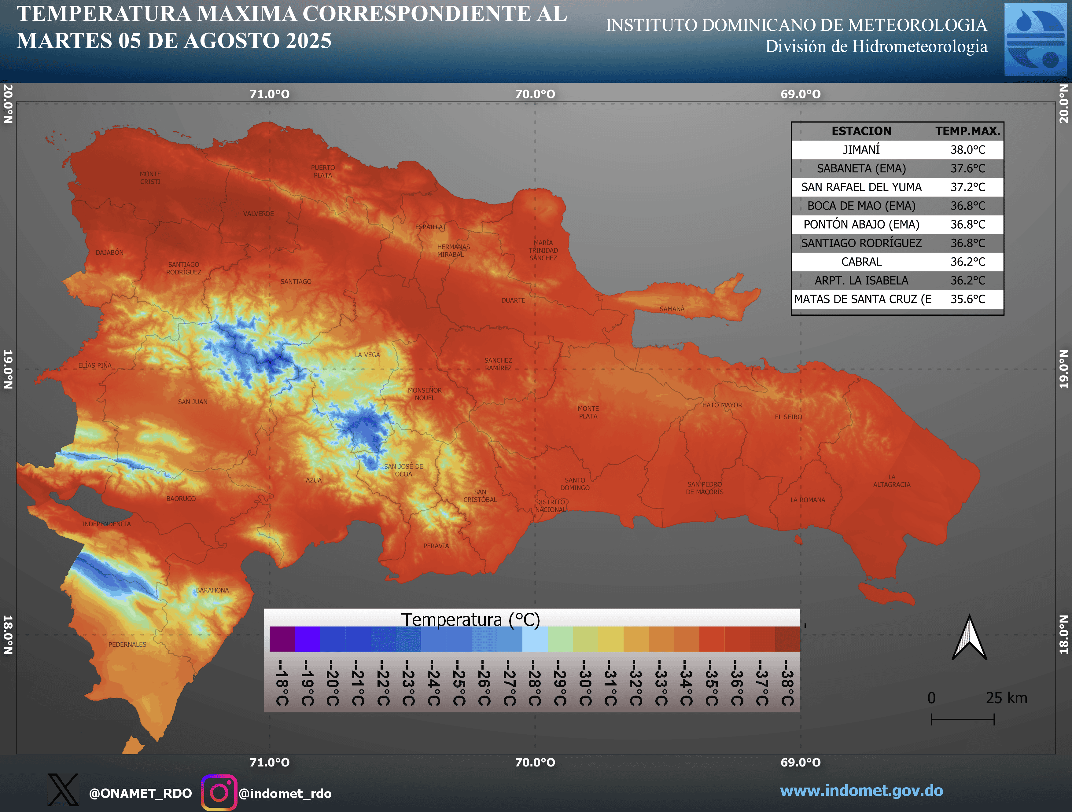 Mapa de temperaturas en la República Dominicana.