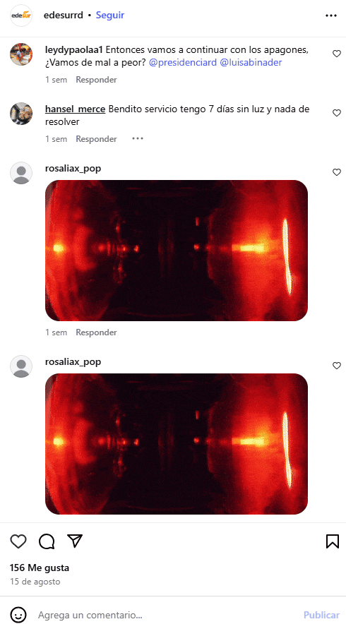 Comentarios y memes de los usuarios en las publicaciones de la cuenta de Instagram de Edesur. 