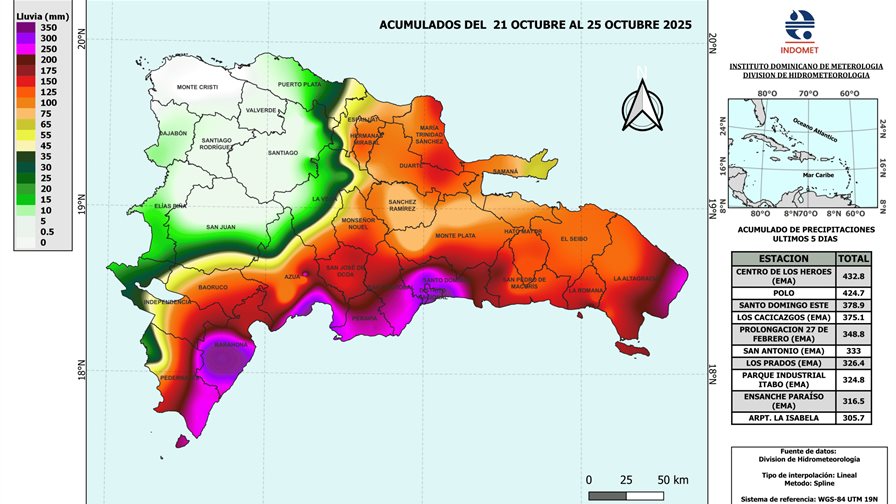 Santo Domingo y Barahona encabezan acumulados de lluvia por Melissa con 17 pulgadas