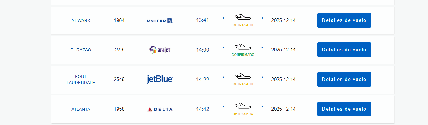 Captura de pantalla de la página web de Aerodom donde se muestran las salidas del AILA.
