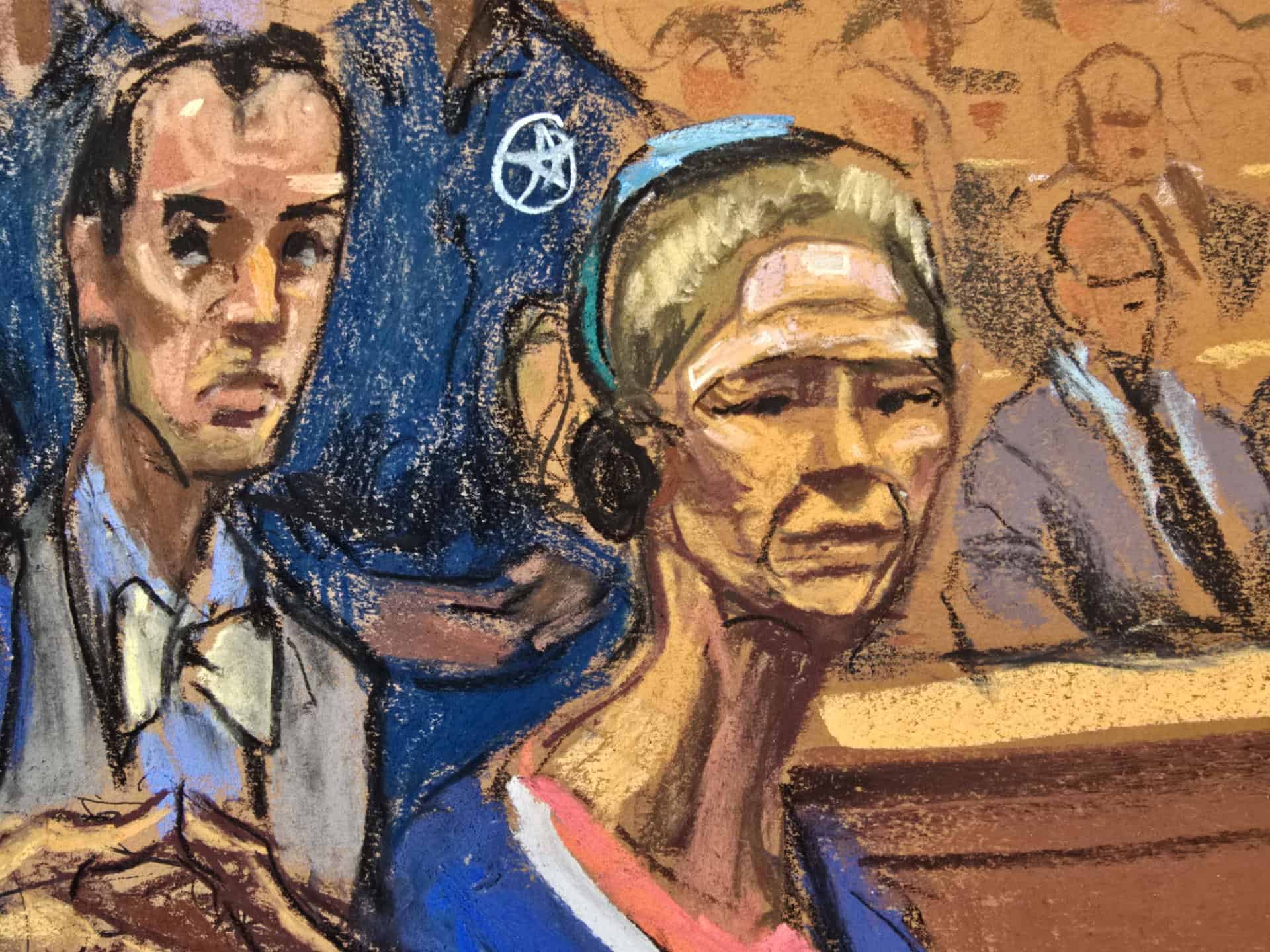 Fotograf&iacute;a de un dibujo realizado por la artista Jane Rosenberg donde aparece Cilia Flores, esposa de Nicol&aacute;s Maduro, compareciendo ante un tribunal federal este lunes, en Nueva York (EE. UU.).