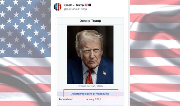 Trump publica imagen en Truth Social afirmando ser "presidente interino de Venezuela"
