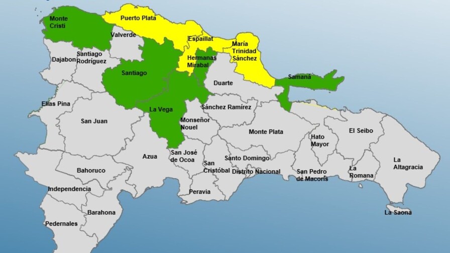Espaillat, Puerto Plata y María Trinidad Sánchez en alerta amarilla; cinco provincias en verde Espaillat, Puerto Plata y María Trinidad Sánchez en alerta amarilla; cinco provincias en verde