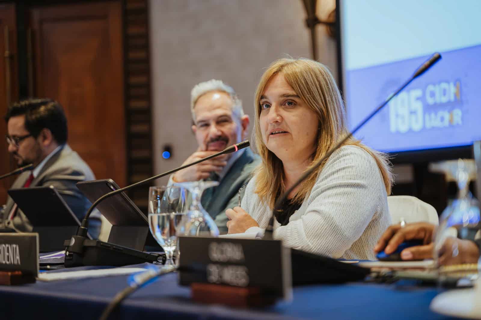 La primera vicepresidente de la Comisi&oacute;n Interamericana de Derechos Humanos (CIDH), Andrea Pochak, habla junto al comisionado relator sobre personas defensoras y operadoras de justicia, Jos&eacute; Luis Caballero.