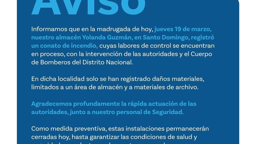 Incendio afecta almac&eacute;n del Banreservas en el Distrito Nacional