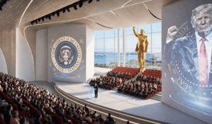 Trump comparte el r&eacute;nder de su futura biblioteca con una estatua dorada gigante de &eacute;l