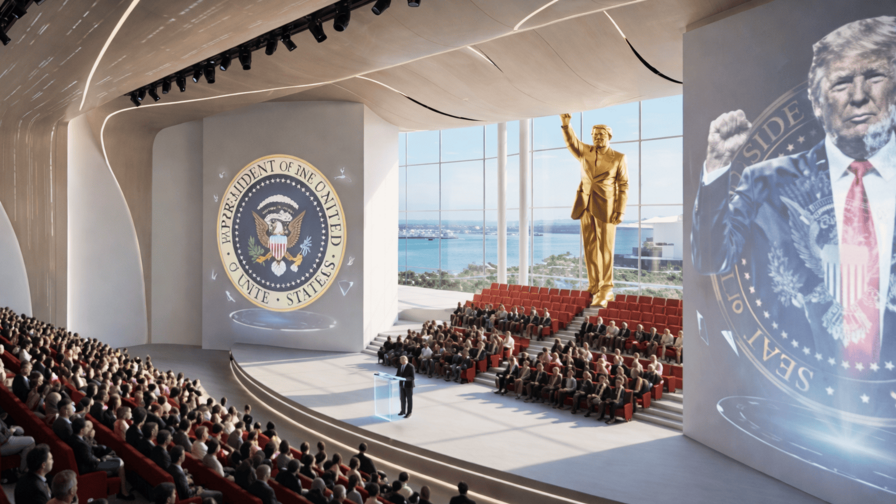 Trump comparte el rénder de su futura biblioteca con una estatua dorada gigante de él Trump comparte el rénder de su futura biblioteca con una estatua dorada gigante de él