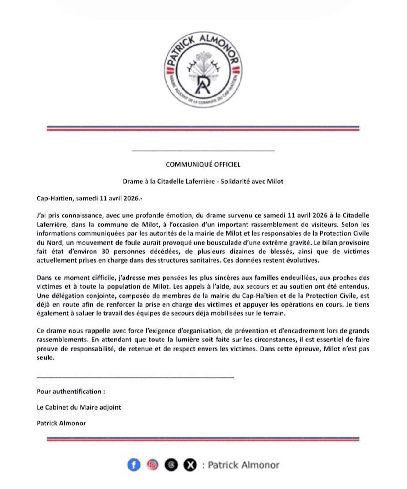 Comunicado del alcalde de Cabo Haitiano, Patrick Almonor.