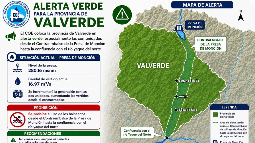 Emiten alerta verde para la provincia Valverde y proh&iacute;ben uso de balnearios por caudal de presa