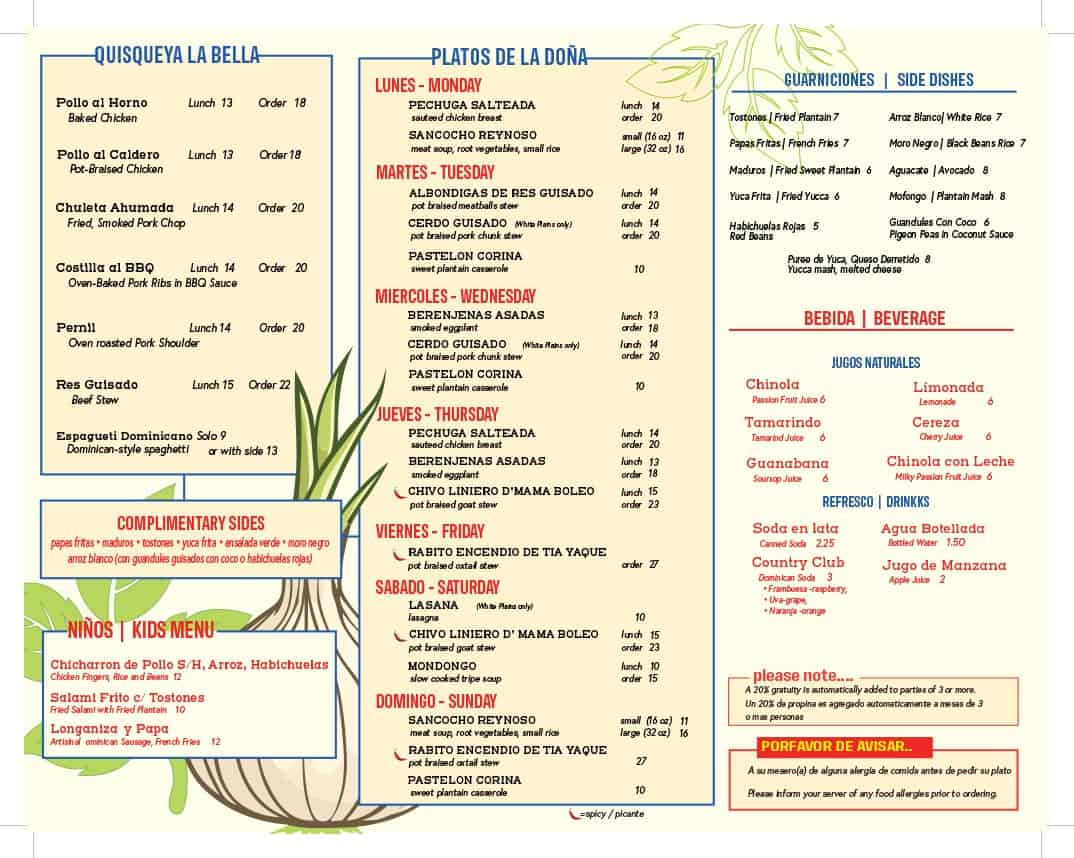 Men&uacute; de ajo y or&eacute;gano.