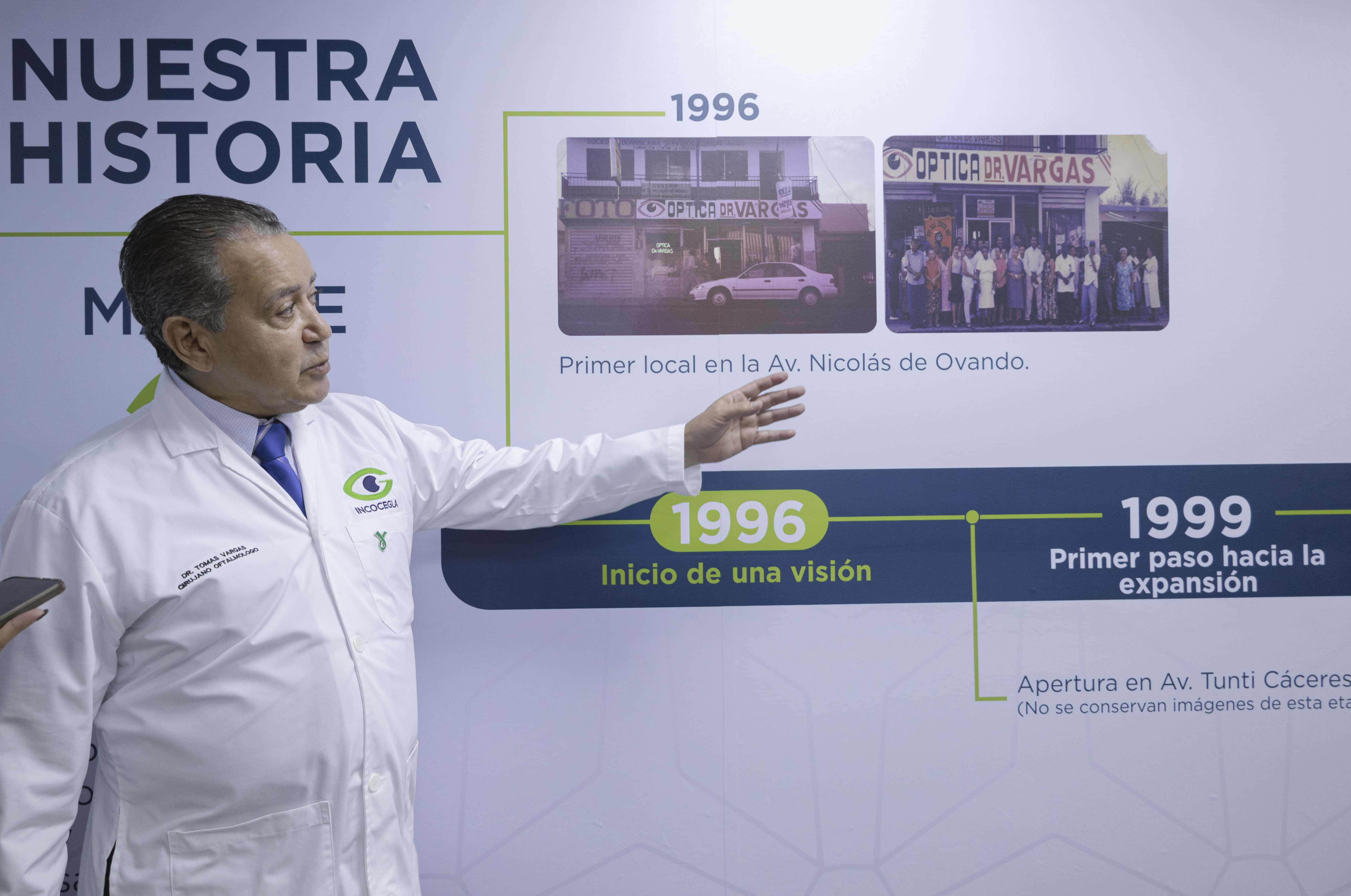 El doctor Tomás Vargas, presidente de Incocegla, muestra la pared histórica en el centro.