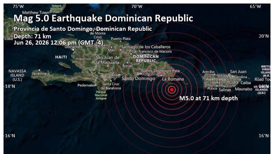 Se registra sismo de magnitud 5.0 al este de Rep&uacute;blica Dominicana