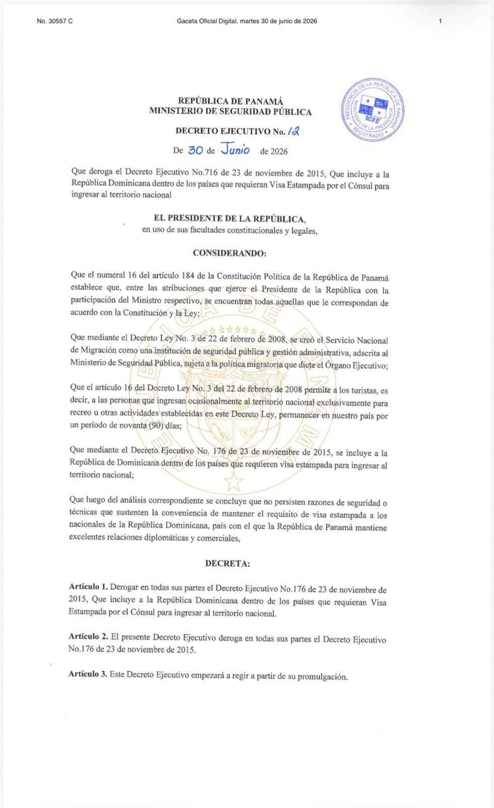 Decreto Ejecutivo No. 12, de fecha 30 de junio de 2026.