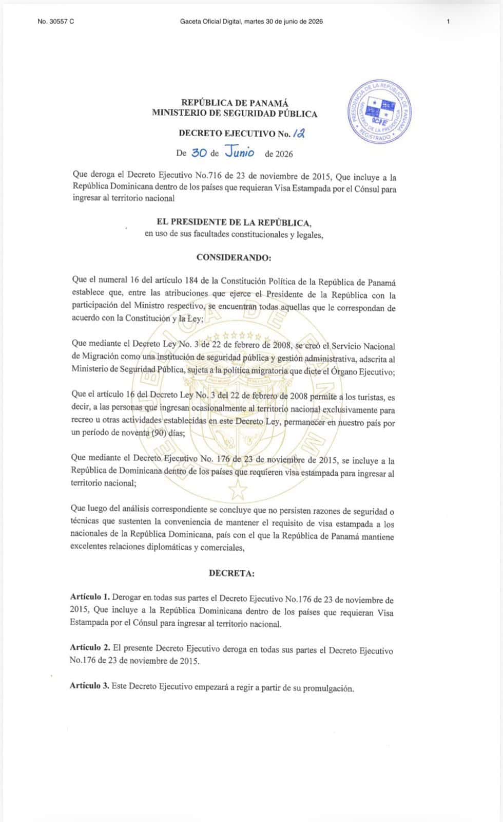 Decreto Ejecutivo No. 12, de fecha 30 de junio de 2026.