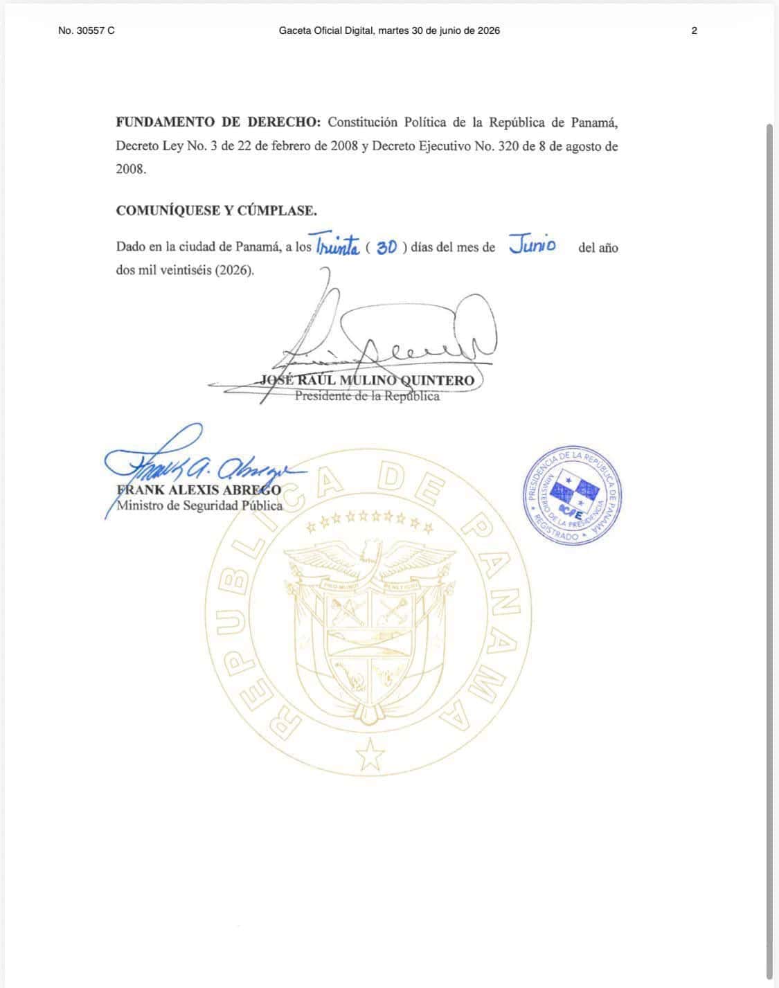 Decreto Ejecutivo No. 12, de fecha 30 de junio de 2026