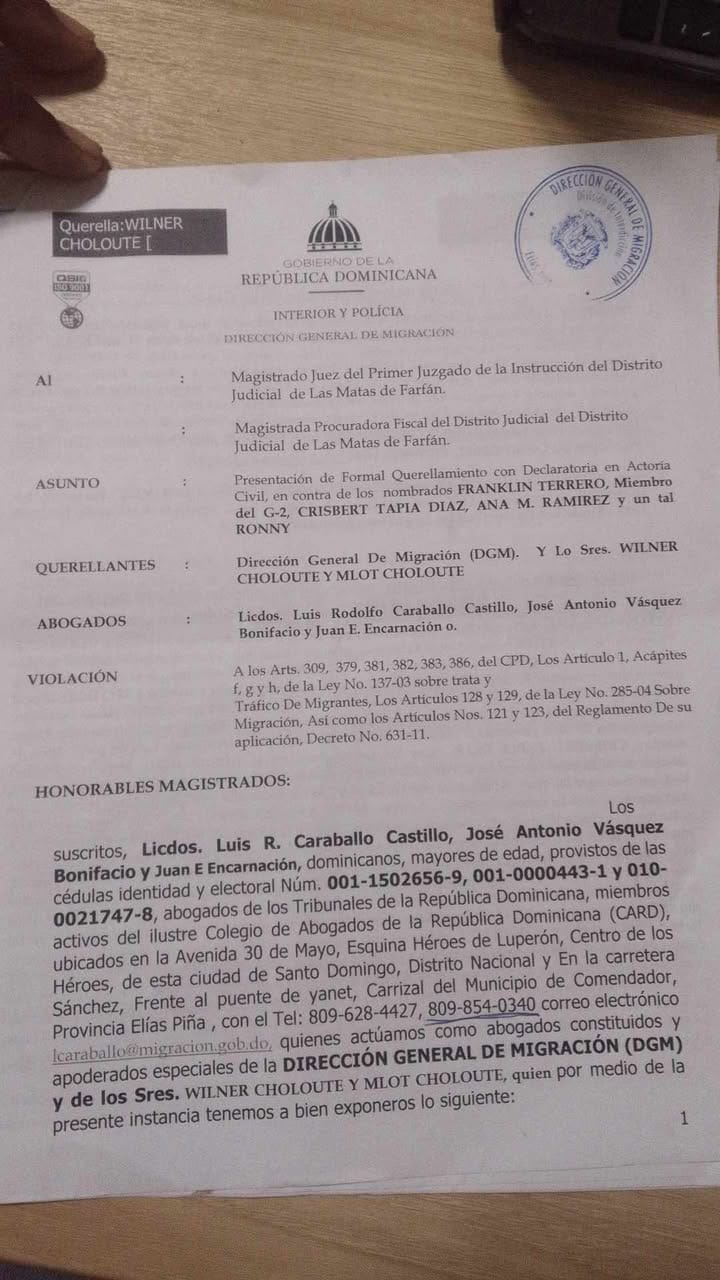 Denuncia presentada ante la Fiscalía de Las Matas de Farfán.