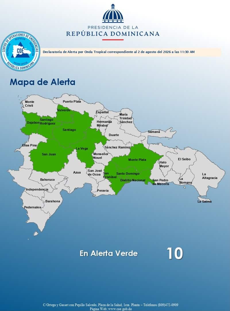 COE coloca nueve provincias y el Distrito Nacional en alerta verde por lluvias