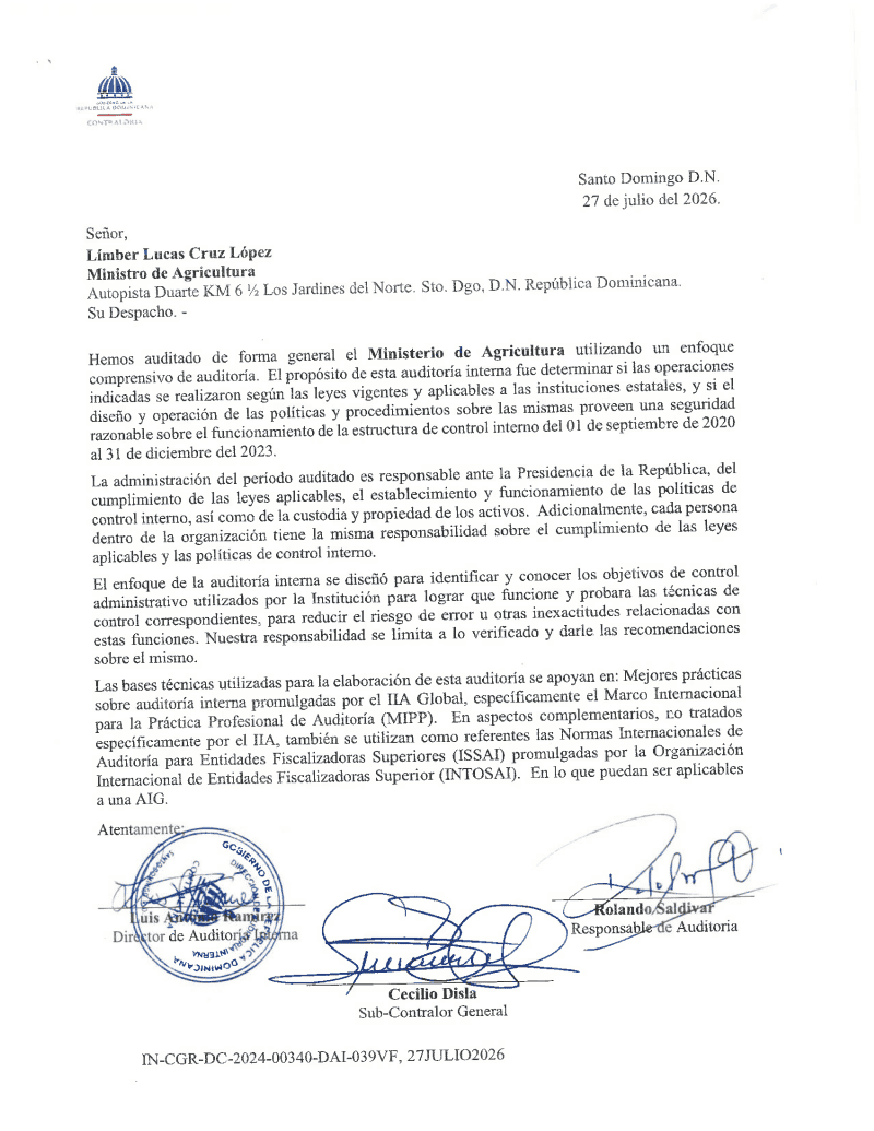 Carta del 27 de julio del 2026 en el que se le notificó la auditoría al pasado ministro de Agricultura, Limber Cruz, anexada en las auditorías a las que Diario Libre tuvo acceso.