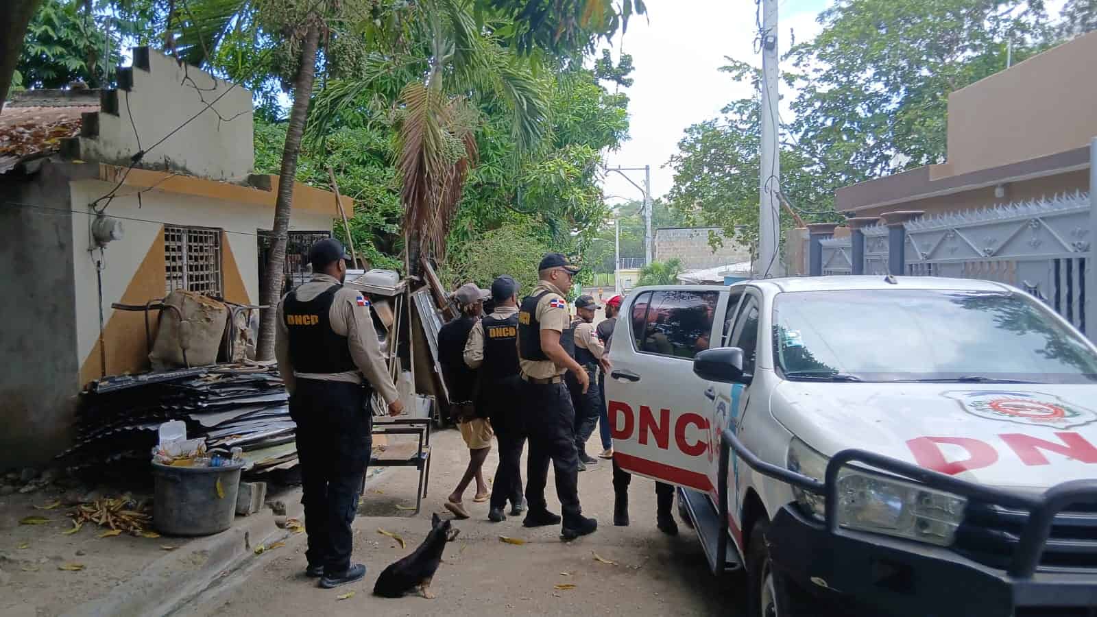 Agentes de la DNCD trasladan a uno de los 63 detenidos durante los operativos realizados en Santiago y Puerto Plata.