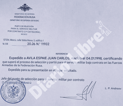 Traducción al español del contrato de Juan Carlos Ávila con las Fuerzas Armadas rusas.