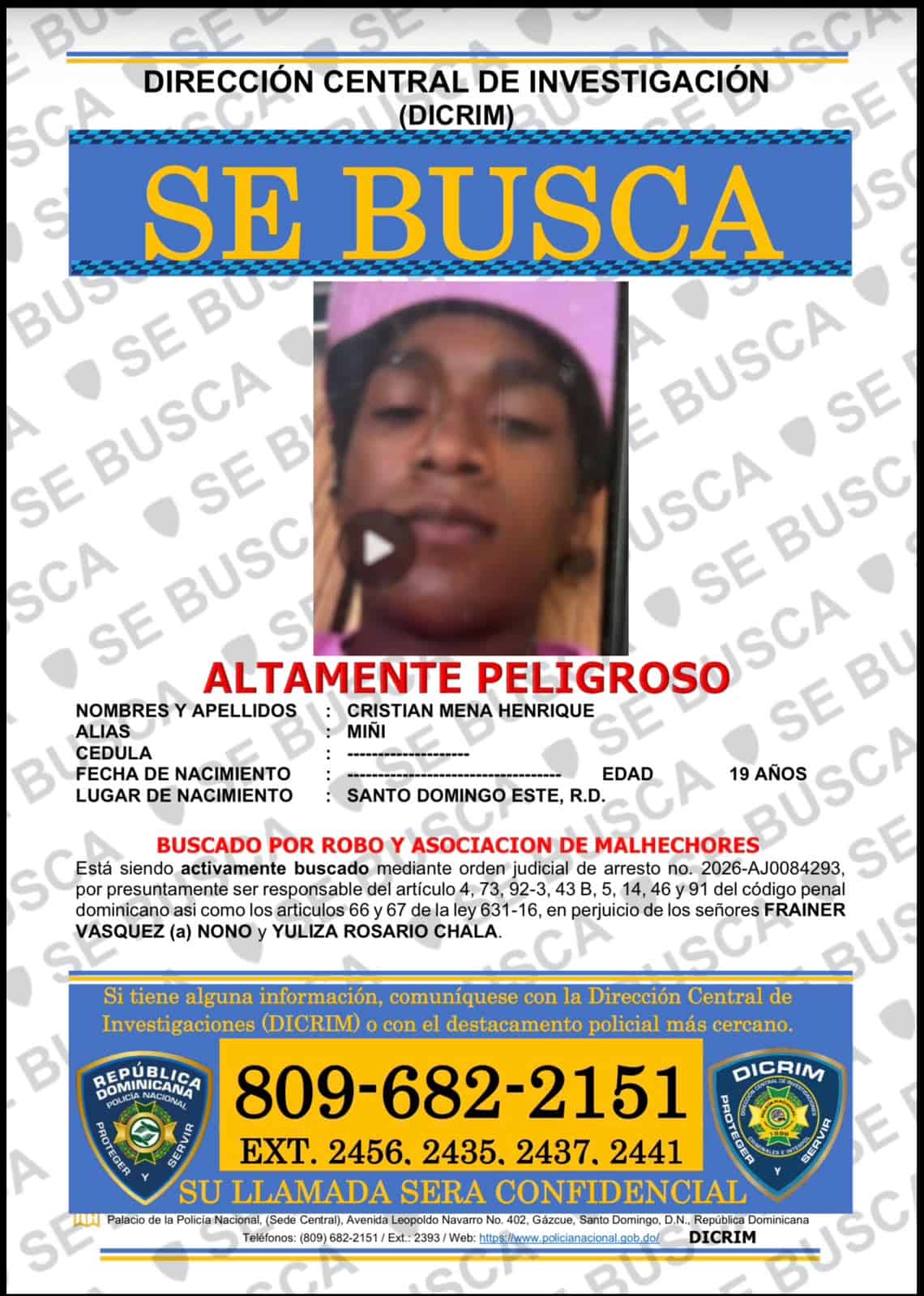 Cristian Mena Henr&iacute;quez, alias "Mi&ntilde;i", de 19 a&ntilde;os, otro pr&oacute;fugo.