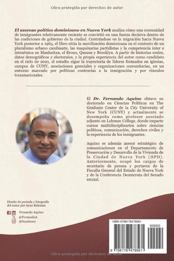 Portada y contraportada de El ascenso político dominicano en Nueva York: un estudio sobre la incorporación política étnica urbana, del dominicano Fernando Aquino.