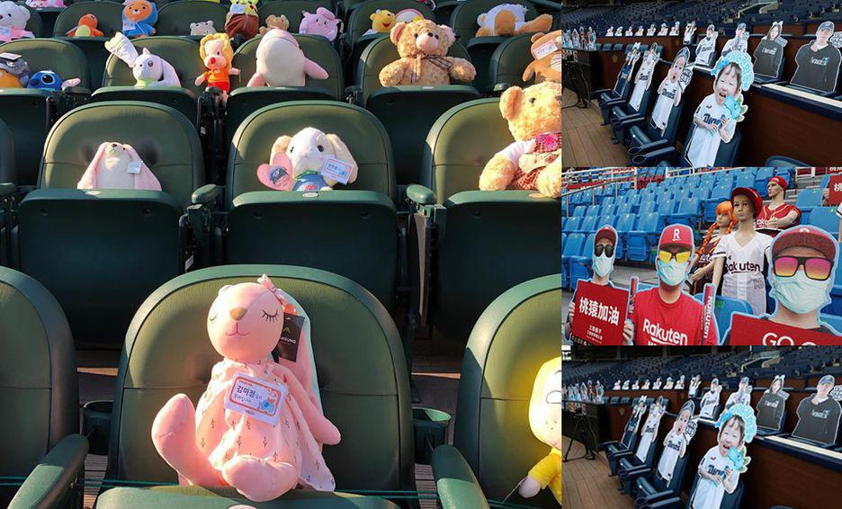 Peluchas de muñecos tradicionales, son los fanáticos presentes en los partidos de béisbol de Corea del Sur, debido a las medidas de sanidad tomadas por la pandemia COVID-19. (Fuente externa)