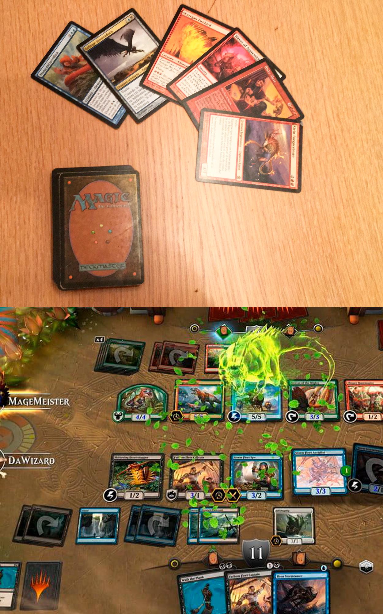 Arriba el juego “Magic” en formato mesa y abajo el mismo juego en videojuego.
