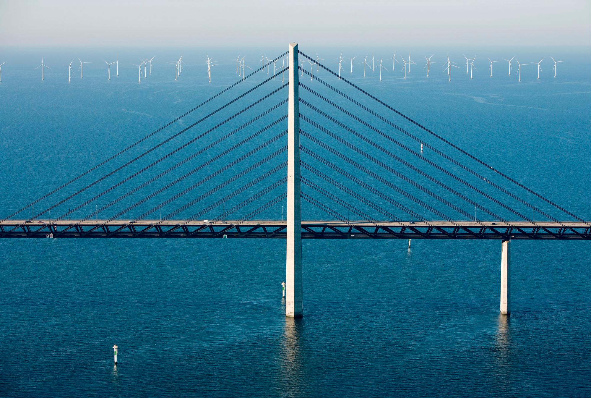 Parte central del puente con un mar de molinos al fondo. 