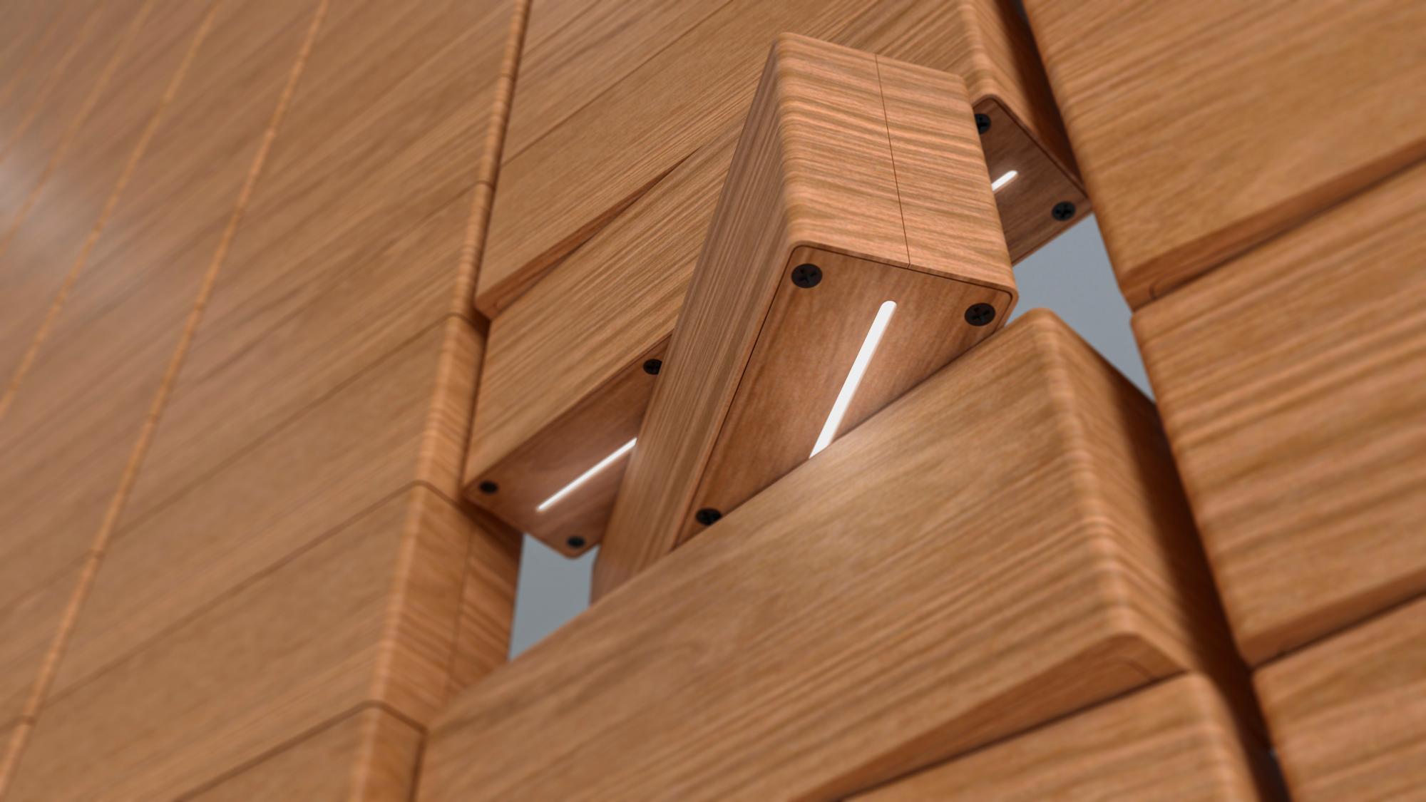 Detalle de unos brixels; con la luz LED interior, en este caso conformados en madera.